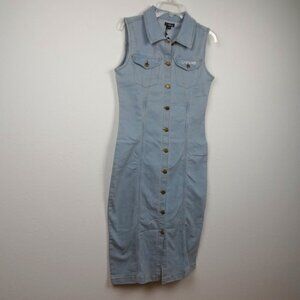 Bebe Denim Shirt Dress Women's Size M Blue Sleeveless Rhinestone Logo